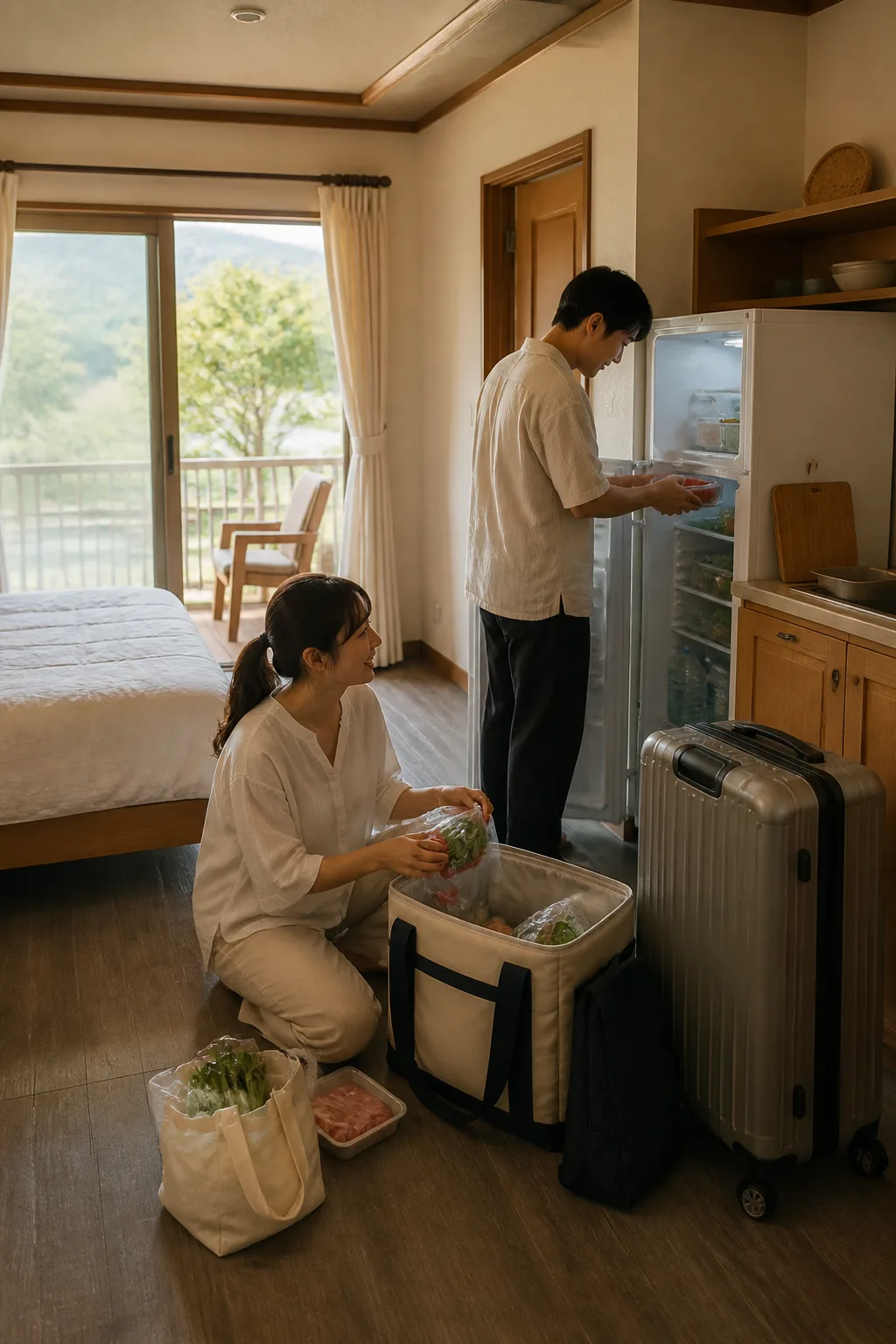 식수와 식재료를 준비한 고성민박 객실 주방과 여행 가방