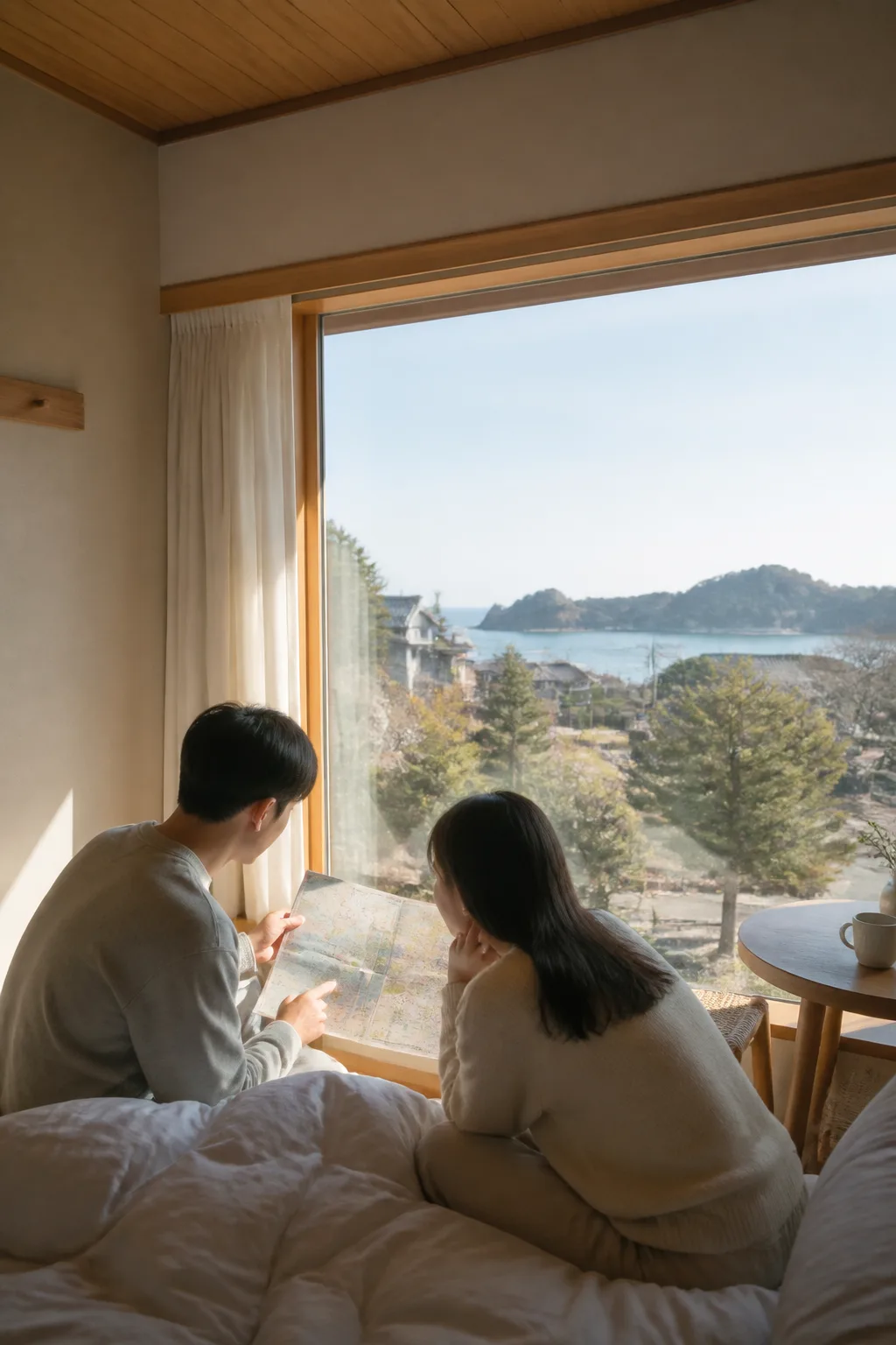 창문 너머 자연 풍경을 확인하는 고성민박 객실과 여행자