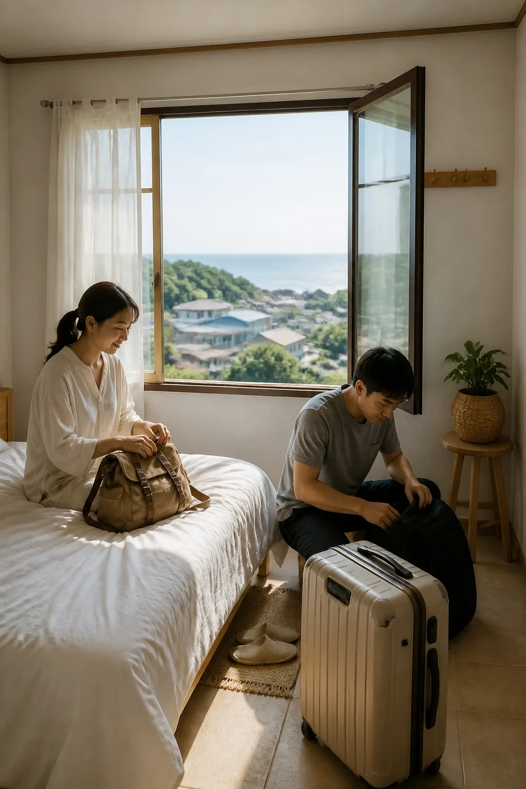 창문을 열어 환기하는 고성민박 객실과 깨끗한 침구