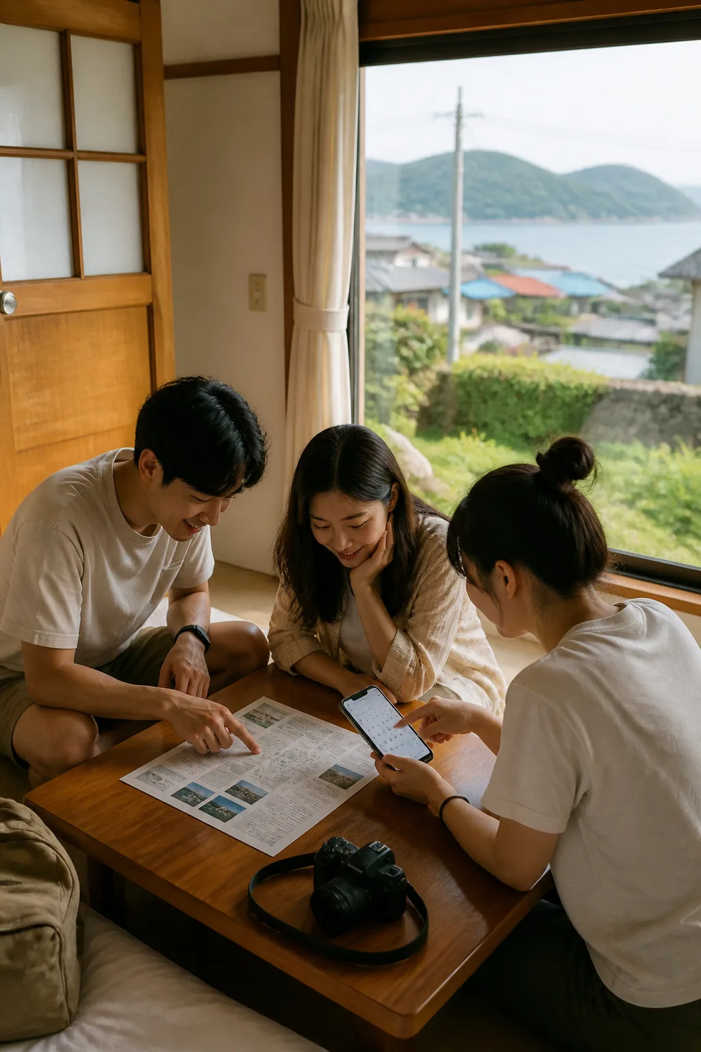 고성민박 객실에서 여행자가 예약 캘린더와 일정표를 확인하는 모습
