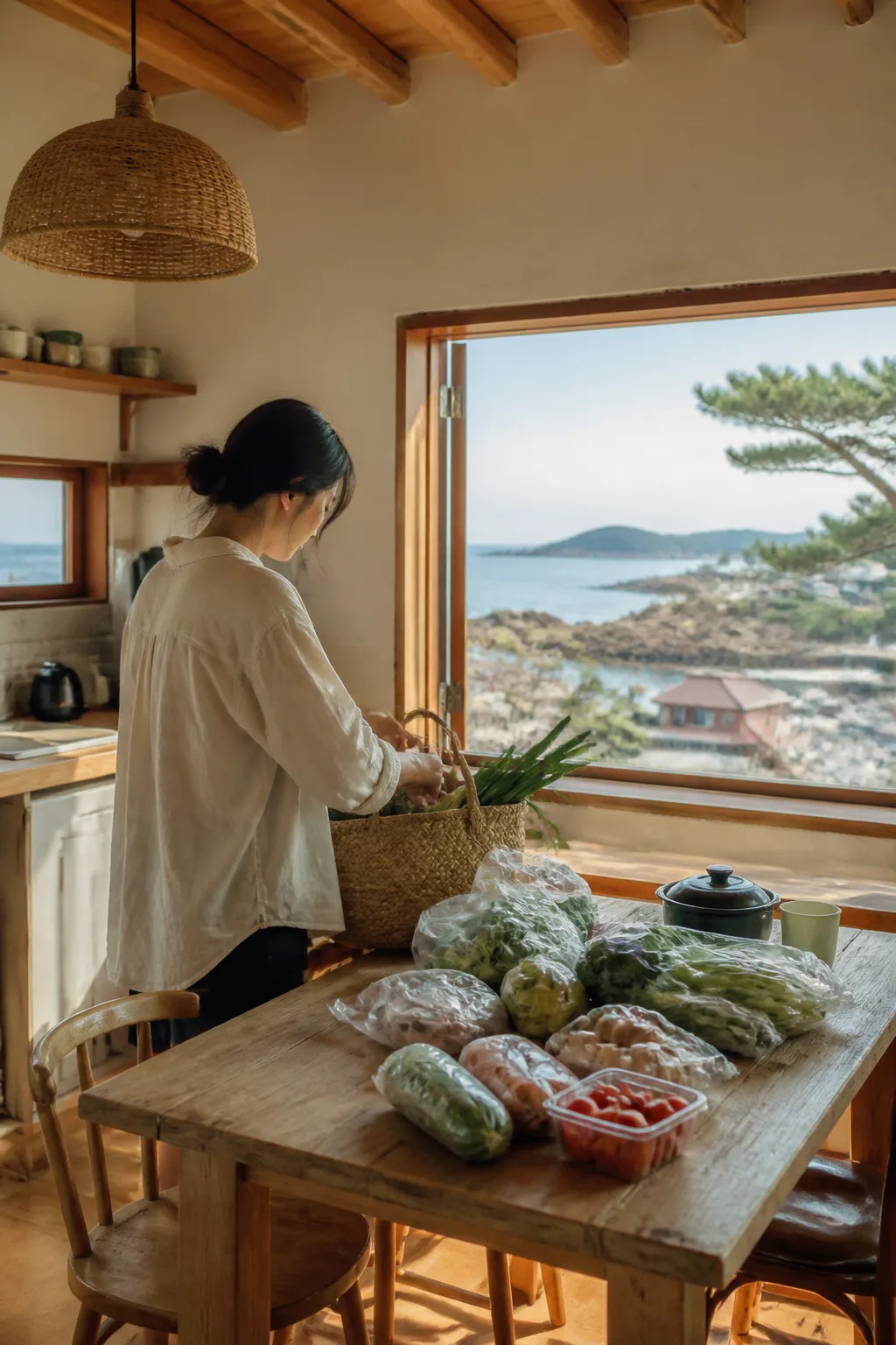 지역 시장에서 장본 식재료를 정리하는 고성민박의 소규모 주방과 식탁