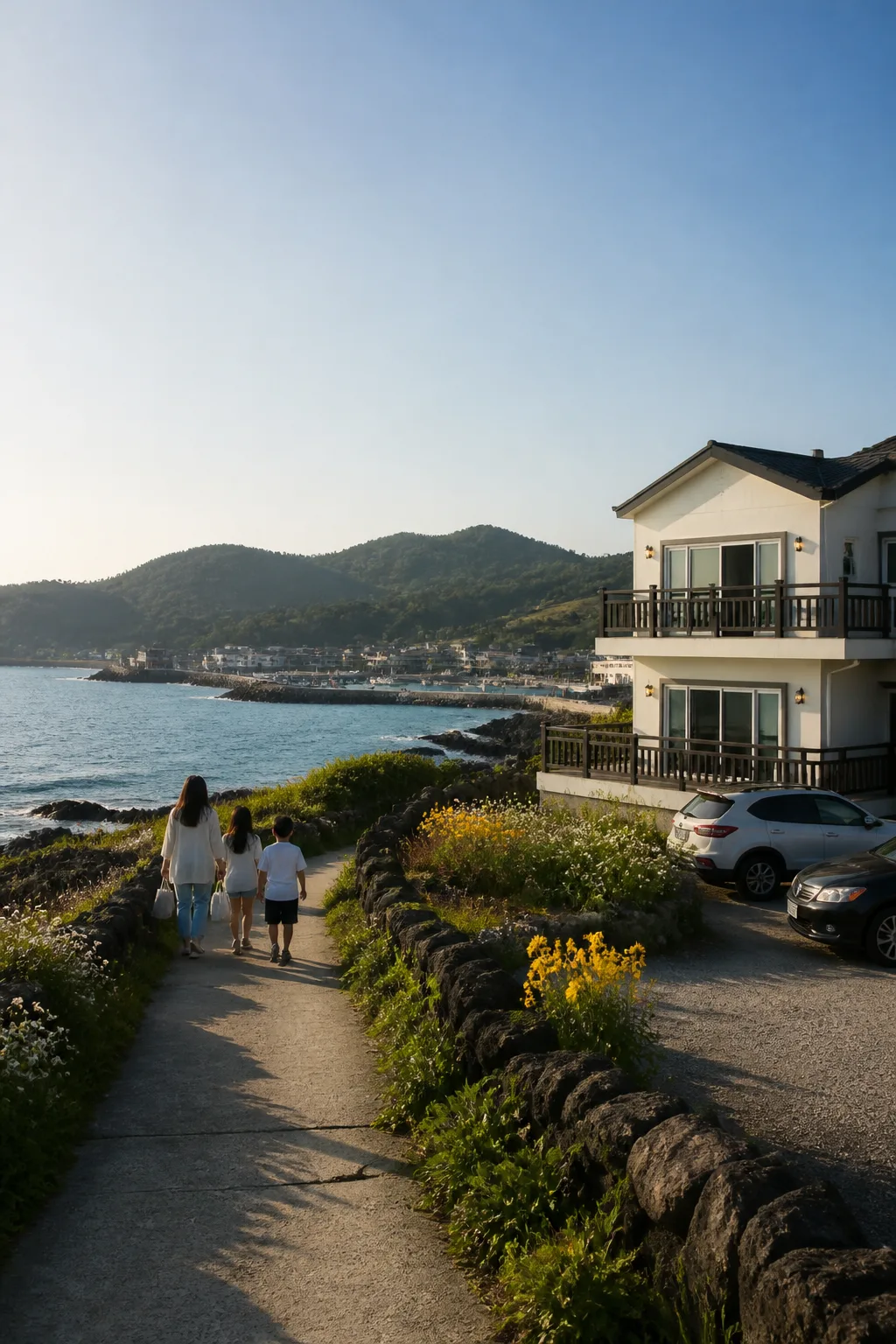 해안 마을 산책로와 소규모 숙소가 보이는 고성민박 주변 풍경