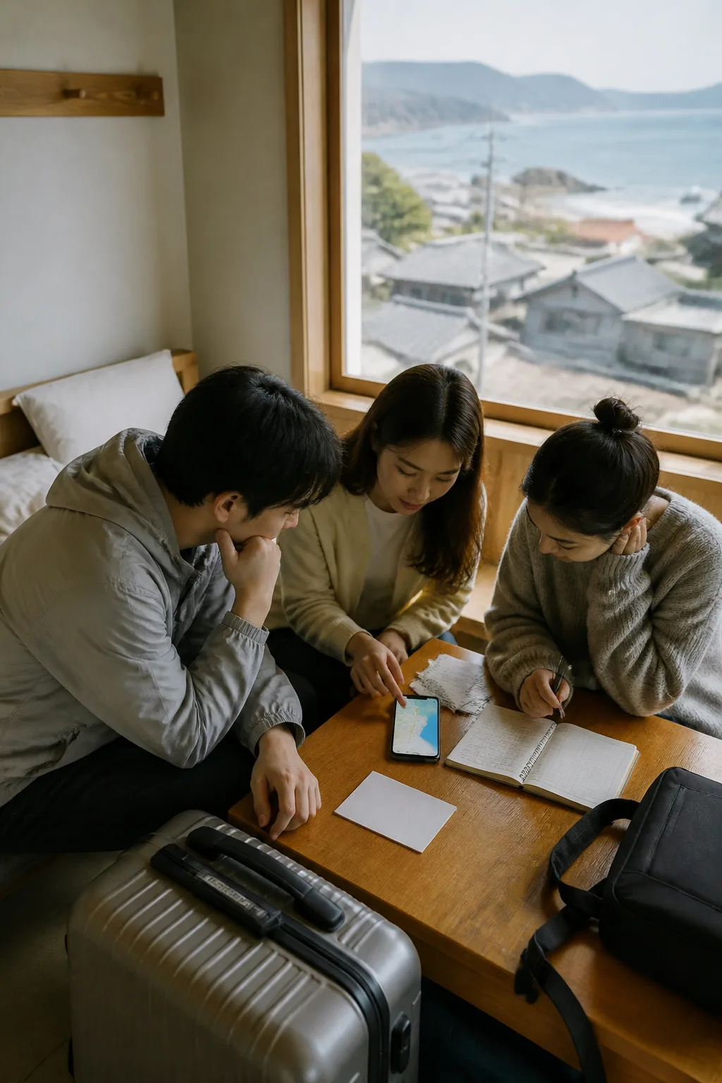 고성민박 예약 전 주소와 숙박비를 함께 확인하는 여행자들의 모습